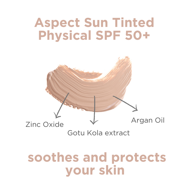 Aspect Sun Tinted Physical SPF benefits, SPF 50+ zinc, gotu kola, argan oil