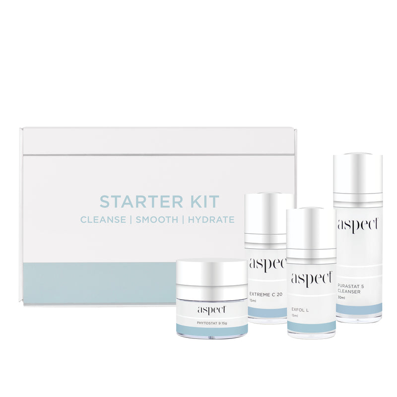 Aspect Starter kit, perfect to start your skincare routine with a cleanser , exfoliator, vitamin C and a moisturiser.