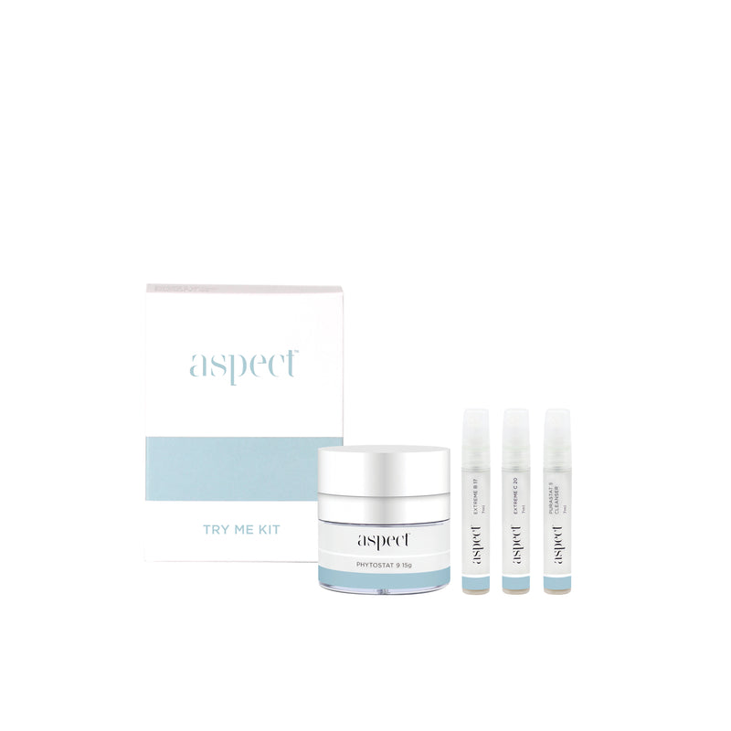 The Aspect Try Me Kit, the perfect low-cost option to try the Aspect products and start a Skincare routine. Travel sized skincare.